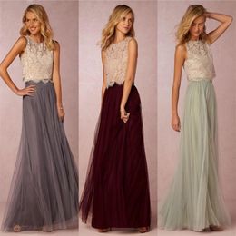 2020 Vintage Twee Stukken Tule Bruidsmeisjesjurken Kant Crop Top Ruches Vloer Lengte Blush Mint Grijs Bourgondië Prom Party jassen Custo232Q