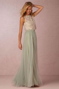 2020 Vestidos de dama de honor de tul de dos piezas vintage Top corto de encaje Longitud del piso fruncido Blush Mint Grey Borgoña Vestidos de fiesta de graduación Custo276S