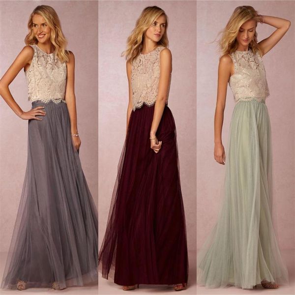 2020 Vintage Deux Pièces Tulle Robes De Demoiselle D'honneur Dentelle Crop Top Froncé Etage Longueur Blush Menthe Gris Bourgogne Prom Party Robes Custo2289