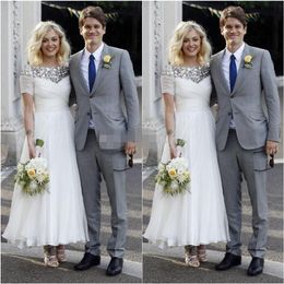 2020 robes de mariée Vintage Bateau manches courtes froncé plis paillettes scintillantes cheville longueur pays mariage robe de mariée