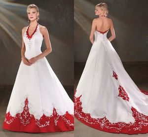 2020 Vintage blanc et rouge robes de mariée licou cou perlé une ligne Satin église robes de mariée dos nu242E