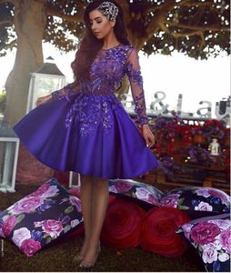2020 violet une ligne robes de soirée tulle et satin à manches longues robe de bal appliques strass courtes robes d'occasion spéciale