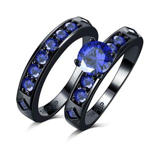 2020 pareja de bodas setl 18KGP sello 18K oro negro lleno Anillos de fiesta anillo de cristal de circón azul Traje apto para mujeres joyería fina wh254r