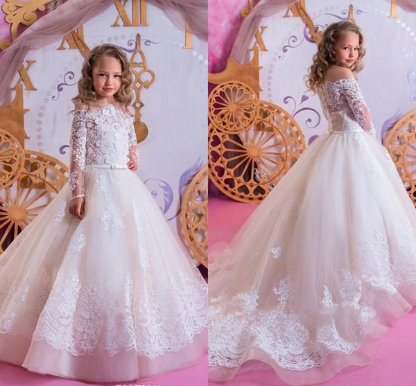 2021 Robes de fille de fleur de mariage à manches longues en dentelle florale balayage train petites filles Pageant robe de soirée enfants première robe de communion AL4603