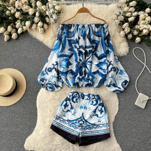 Tweedelige jurk zomer blauw en wit porselein print off-shoulder blouse tops + hoge taille shorts pak runway 2-delige set voor dames 2023