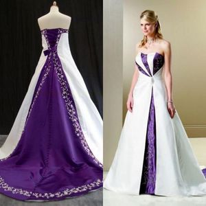 Vestido de novia bordado blanco y morado único, vestidos de novia rústicos de estilo rural, vestido de novia único de talla grande, tren de barrido