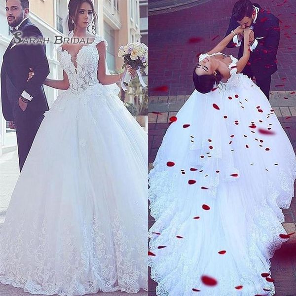 2020 blanc Boutique mariage robe de bal dentelle dos nu cristaux robes De mariée sur mesure fait profond col en v Vestidos De Novia225y