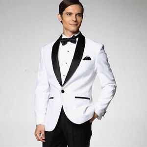 2020 Veste blanche avec revers en satin noir Tuxedos de marié Groomsmen Meilleur costume d'homme Costumes de mariage pour hommes Veste + Pantalon + Noeud papillon + Ceinture X0909