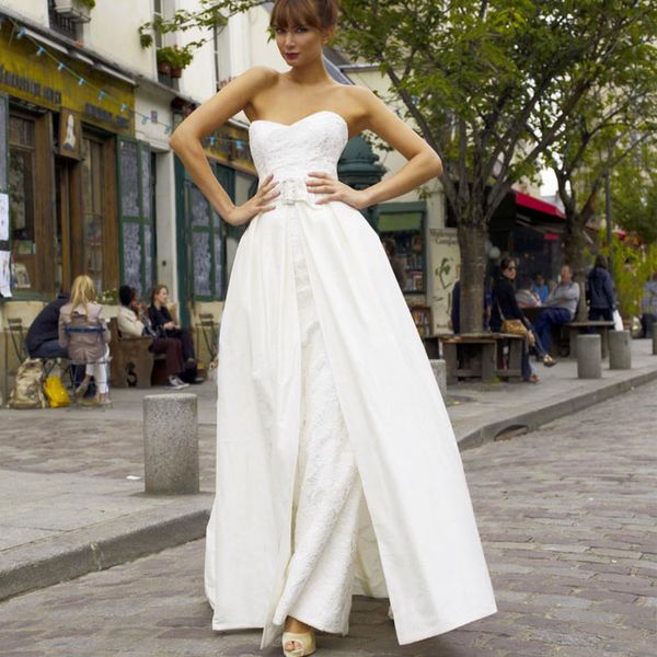2020 blanc combinaisons robes De mariée bustier dentelle Satin avec surjupes grande taille robes De mariée pantalon robe Vestidos De Novia