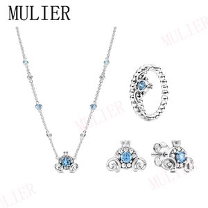 2020 Winter 925 Silver Assepoester Blauw Tiara Ring Pompoen Earring Carriage Necklace Muis Dangle Charm Magic Snow Globe Gift Set Q0531