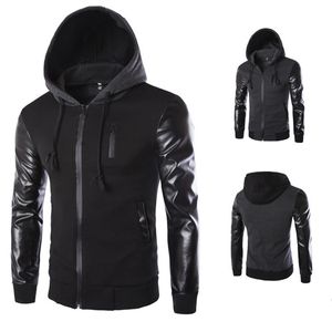 2020 hiver automne hommes veste à capuche manteau mode couture en cuir manches mâle fermeture éclair pardessus décontracté noir gris foncé M-2XL