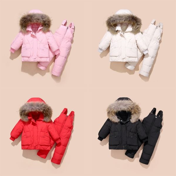 Conjuntos de ropa de invierno para niños y niñas, chaqueta de plumón de pato con capucha cálida, abrigos, pantalones, traje de nieve impermeable, ropa de bebé para niños 690 X2