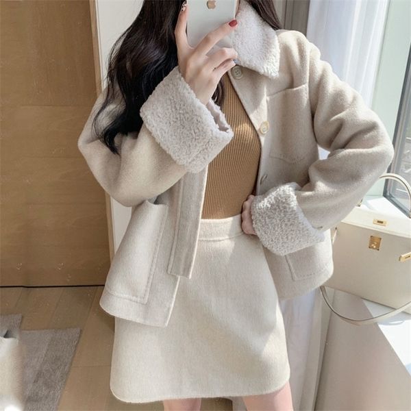 Conjunto de falda y abrigo de piel de invierno para mujer, chaqueta de otoño de mezcla de lana sintética para mujer, ropa de abrigo cálida para mujer, Tweed de Cachemira, Reino Unido LJ201106