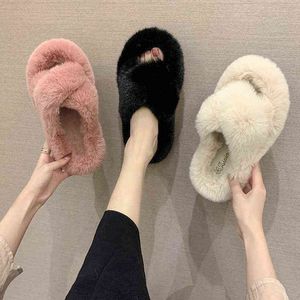 2020 hiver femmes maison fourrure pantoufles mode fausse fourrure chaud chaussures femmes sans lacet appartements femme maison diapositives noir en peluche pantoufles H1122