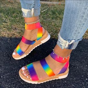 2020 femmes bride à la cheville sandales couleur arc-en-ciel plate-forme compensées talon Peep orteil mode décontracté plage dames chaussures Zapatos De Mujer