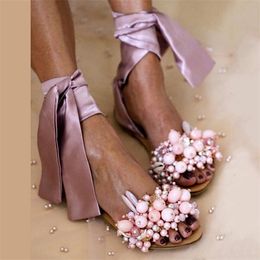 2020 femmes sandales perlées bride à la cheville dames à lacets chaîne à la main plat chaussures de plage femme mode chaussures grande taille 35-43 0925