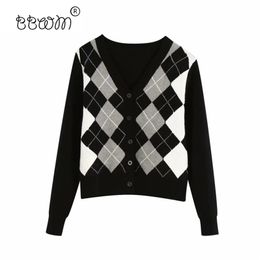 2020 femmes Angleterre Style Argyle contraste couleurs Cardigans Vintage simple boutonnage col en V chandails femme Chic pulls LJ200818