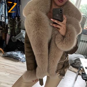 2020 femmes Vêtements de mode Real Fox Fur Coat épissant la veste en cuir en peau de mouton avec col en fourrure Natural Fox Outwear Lady New LJ201201