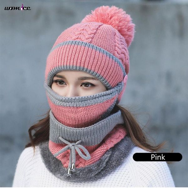 Beanie / Skull Caps 2021 Mujeres Sombrero Bufanda Conjuntos de invierno Gorra Máscara Collar Protección facial Niñas Accesorio para clima frío Bola de punto Lana