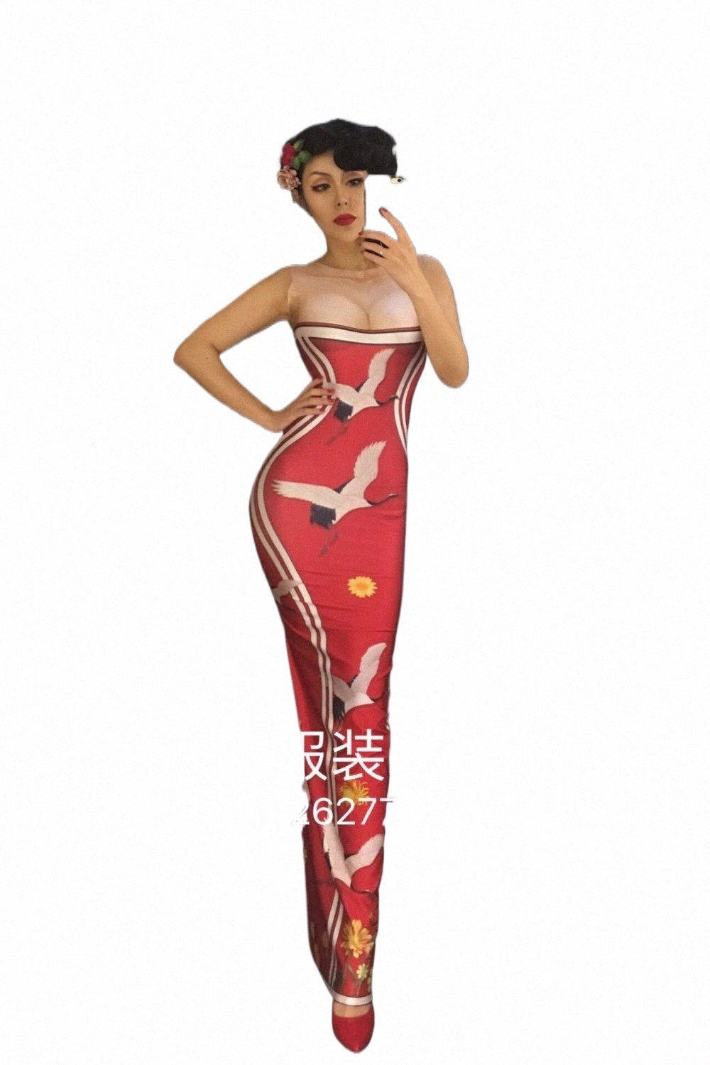 2020 Kobiety Nowy druk 3D Red Flying Crane Sexy Lg Dr Dr Nightclub Bar Sexy Costume Dance Party Celebrati urodziny Y9ZU#
