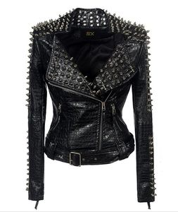 Rivet Pu Punk Femmes Vestes en cuir Motard taille ajustable Zip Fur épissé rayé femme Faux Slim Manteaux courts SXW006