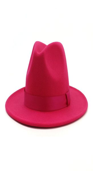 2020 Mujeres con estilo Rosy Lana Fieltro Jazz Fedora Sombreros con cinta de ala ancha Panamá Sombrero formal Trilby Ladies Fascinator Dress Hats6102434