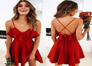 2020 Mujeres Correas de verano Vestido de playa Sexy V Neck Open Back Lace Up Ruffles Mini Dresses Casual White Dress1429602