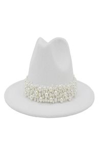 2020 Vrouwen Wide Brim Imitatie Wool Fedora hoeden Fashion Church Party Vrouwelijke jurk hoed Pearl lint decor Witte hoed6195969