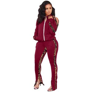 Survêtements pour femmes 2021 Ensemble de tenue 2 pièces pour femmes Automne Épaule froide Zip Up Col en V Manches longues Rose Veste Ourlet fendu Pantalon Patchwork Léopard