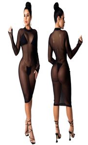 2020 dames sexy mesh fishnet jurk deksel op lange mouw mini jurk zwarte vrouwelijke mesh transparante nachtclub draag vakantiekleding VE8223234