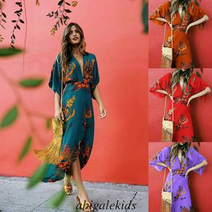 2021 Dames V-hals Wikkeljurk Bloemenprint Kimono Stijl Half Mouw Lange Maxi Jurken Boho Dames Strand Vestido Plus Size