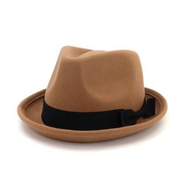 2020 шерстяная фетровая шляпа со свиным пирогом с высоким модным дизайном, защита от ультрафиолета, взрослые в формальных шляпах, женские закатанные поля, бант, джаз-трилби C236N