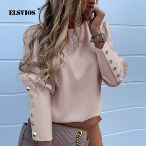 2020 Werkkleding Vrouwen Blouses Lange Mouw Back Metalen Buttons Shirt Casual O Neck Solid Plus Size Tops Herfst Blouse Drop Shipping V191216