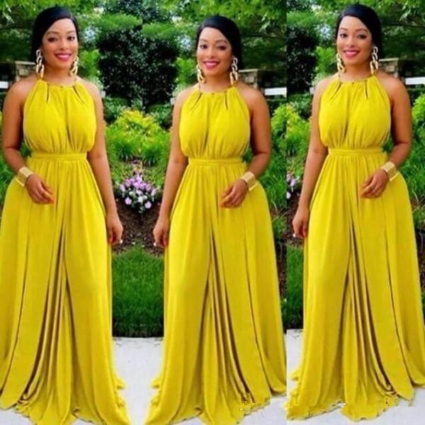 2020 amarillo Barato sudafricano Una línea Vestidos de baile Halter Sin mangas Vestidos de dama de honor Corte frontal Vestidos de noche largos hasta el suelo