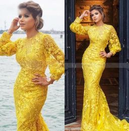 2020 Vestidos de fiesta de sirena amarillos Mangas largas de encaje completo Vestidos de noche musulmanes elegantes Tallas grandes Ocasión especial dress1339759