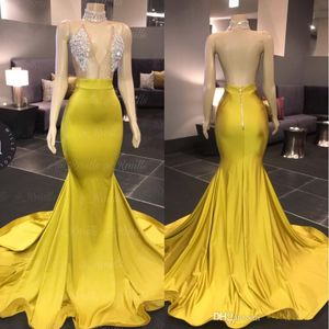 Yellow V Nek Mouwloze Mermaid Prom -jurken Sweep Train kralen Rhinestones Satijnen Formele feest Afrikaanse Backless Evening Jurk