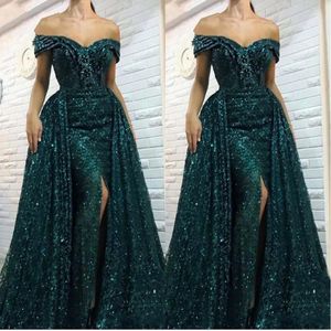 2020 yousef aljasmi lovertjes Mermaid Avondjurken Lange Overkinnen Side Split off Shoulder Prom Dresses Side Split Pageant Party Jassen