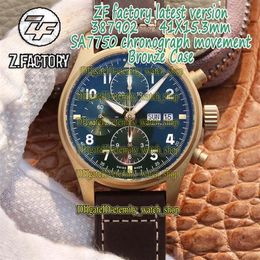 2020 ZFF Dernière série Spitfire Fighter Boîtier en bronze 387902 Cadran vert ETA A7750 Chronographe Montre mécanique pour homme Chronomètre Watche252v