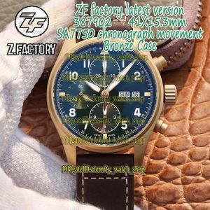 2020 ZFF Nieuwste Spitfire Fighter Series Bronze Case 387902 Groene wijzerplaat ETA A7750 Chronograaf Mechanisch Herenhorloge Stopwatch Watche297L