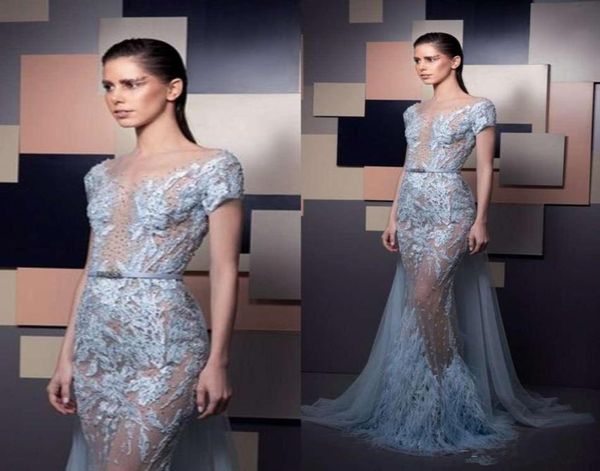 2020 Ziad Nakad robes de soirée dentelle appliques perles plume sirène robe de bal à manches courtes train détachable occasion spéciale Gow3138430