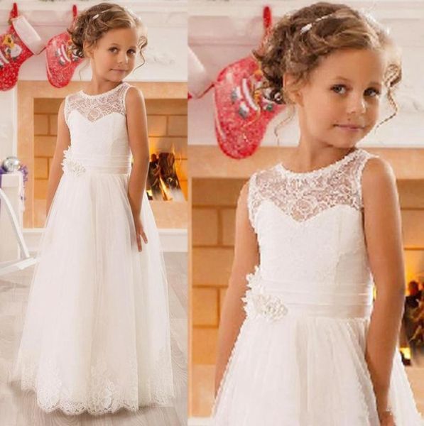 2020 Dentelle Fleur Girls039 Robes Belle Jewel Neck Vintage Appliqued Tulle Filles Pageant Robes avec Ceinture Princesse Enfants Mariage 4141759045