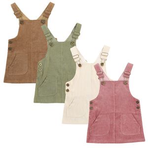 2021 0-3Y Vintage Niño Bebé Niñas Vestido Pana Monos Otoño Nuevo Soild Color Bolsillos Botón Correas Babero Vestido Niños Traje Q0716