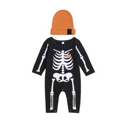 2021-06-15 Lioraitiin 0-18M Baby Baby Boy Girl Romper met Cap Skeleton Print Lange Mouw Jumpsuit Hat voor Spring Fall G1221