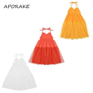 2021 1-6Y Prinses Kids Baby Meisjes Jurk Ruche V-hals Halter Mouwloze Dip Tulle Patch Zomer Sundress voor Party Daily Life Q0716