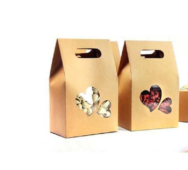 2021 10 * 15.5 * 6 cm Fond Coeur Forme Fenêtre Transparente Doypack Poche Alimentaire Café Stand Up Sacs Kraft Papier Pack Boîte Avec Poignée