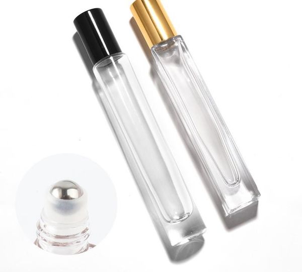 2021 Botellas de rodillo de aceite esencial de vidrio de 10 ml con bolas de rodillo de metal Perfumes de aromaterapia Bálsamos labiales Roll On Bottle