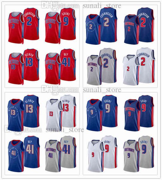 2021-2022 City Red Basketball Jerseys Cade Cunningham 2 Jerami Grant 9 Kelly Olynyk 13 Saddiq Bey 41 Blanco Azul Gris Camisas deportivas Hombres Mujeres