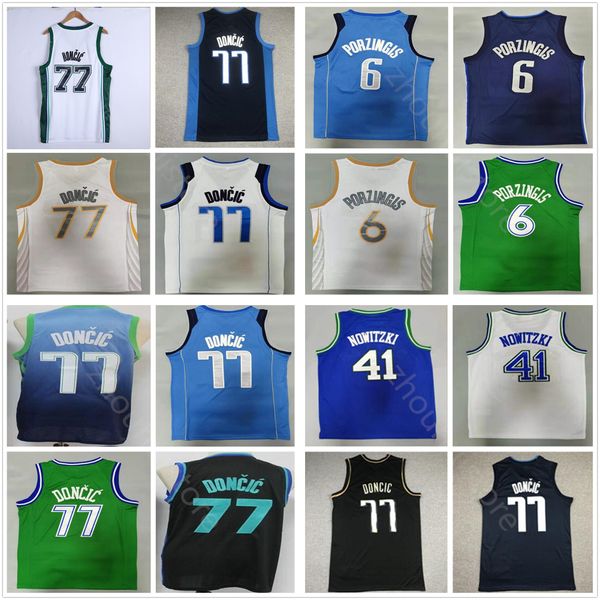 2021/22 Mens Luka Vintage 77 Doncic Basketball Jerseys Dirk 41 Nowitzki Edition Kristaps 6 Porzingis Top Retro Blue 75th City Jersey Embro