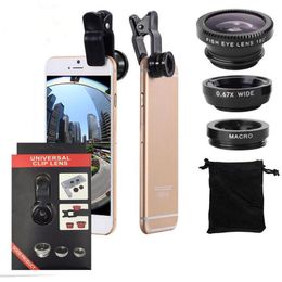 2021 3 in 1 Universele Metalen Clip Camera Mobiele Telefoon Lens Fish Eye + Macro + Groothoek voor Samsung S7 S8 met retailpakket