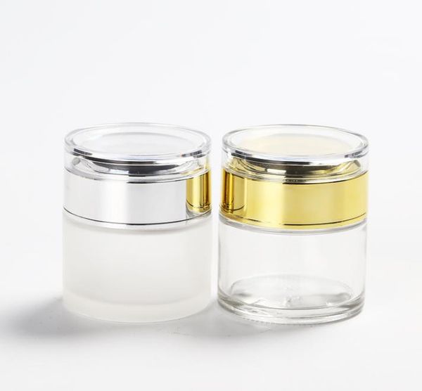 Tarro de crema cosmética de vidrio recargable 2021 30G con tapa de tapa de oro plateado, tapa de vidrio esmerilado, corrector de loción, tarro de crema para ojos, venta al por mayor